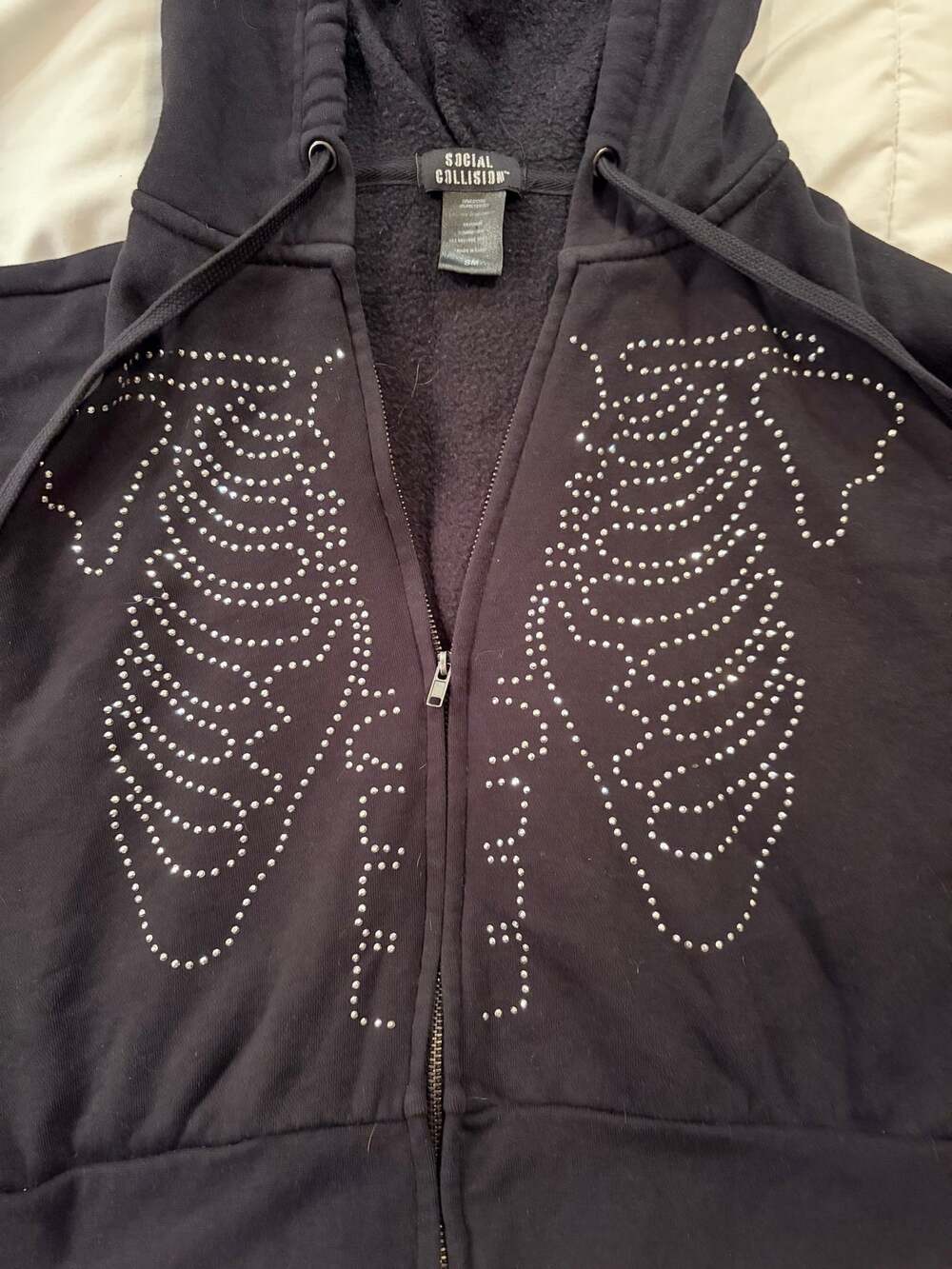 Social Collision Black Rhinestone Skull Wings Zip Up Hoodie Y2K Goth